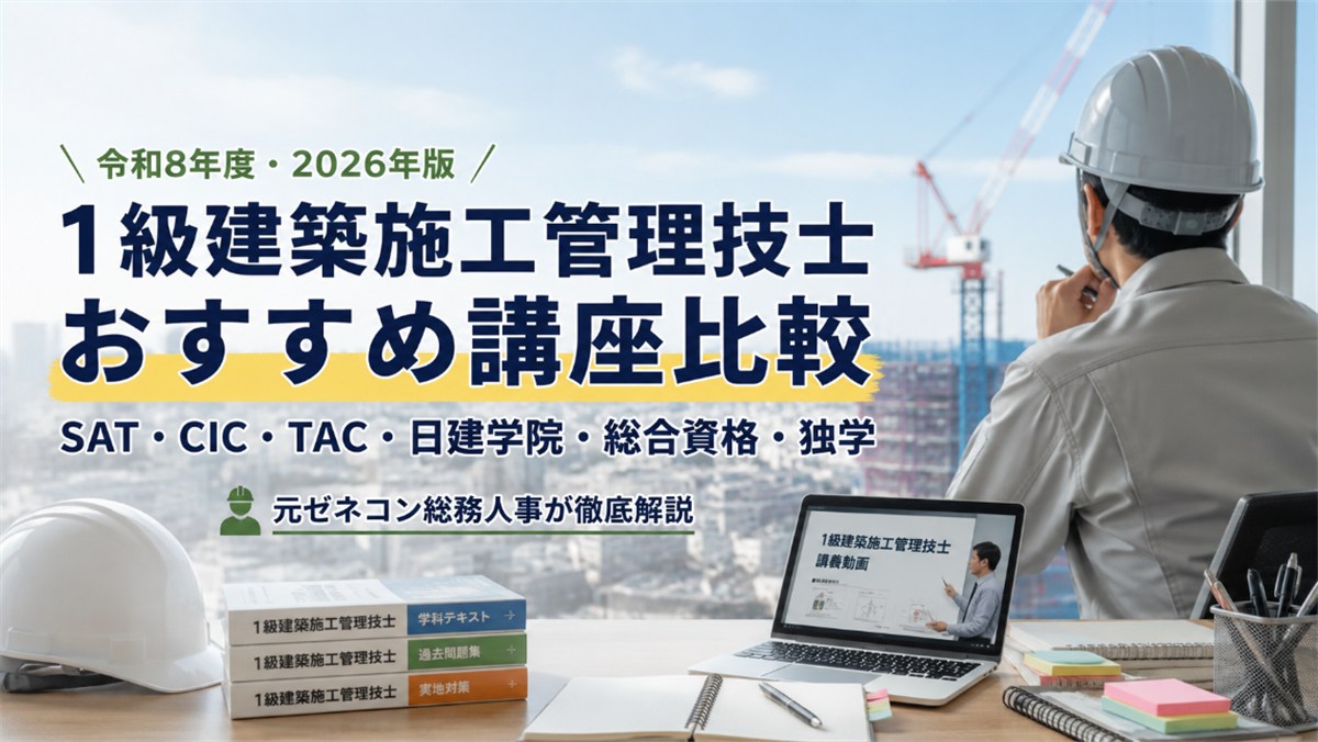 1級建築施工管理技士のおすすめ講座比較｜SAT・CIC・TAC・日建学院・総合資格・独学