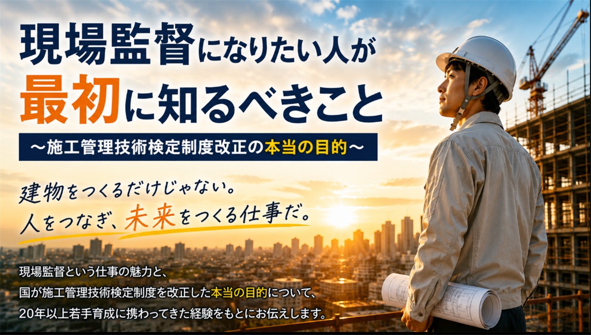 建設現場を背景に未来を見つめる若い現場監督。「現場監督になりたい人が最初に知るべきこと～施工管理技術検定制度改正の本当の目的～」の記事アイキャッチ画像