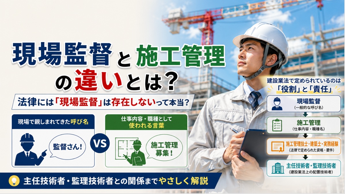 現場監督と施工管理の違いを解説するアイキャッチ画像｜建設業法と主任技術者・監理技術者との関係